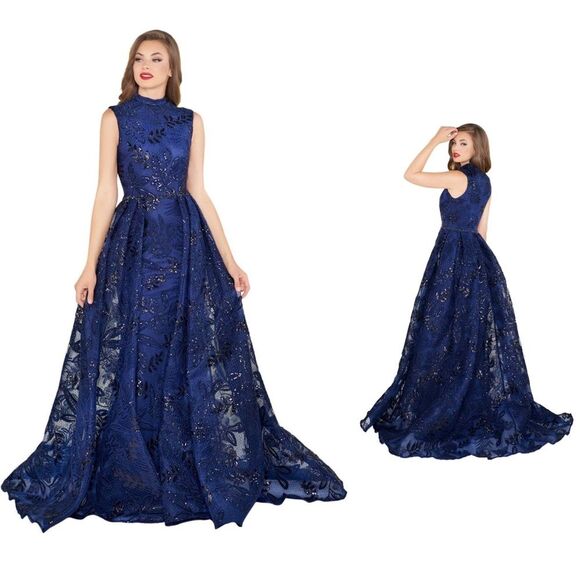 Mac Duggal 20098 Size 14 High Mock-Neck Beaded Column Gown with Overskirt, Navy - Picture 14 of 14